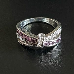Purple amethyst and white crystal silver ring